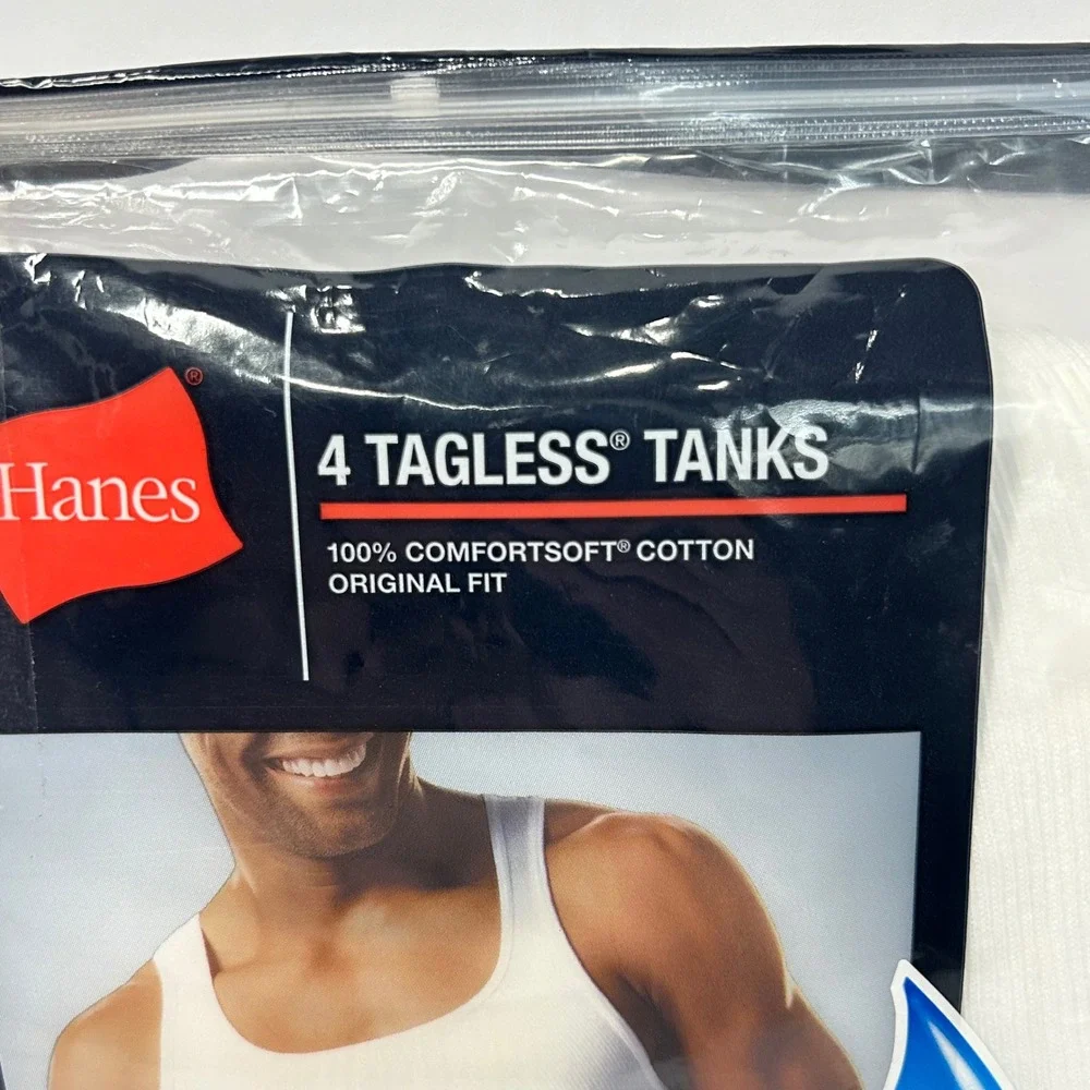 Hanes Mens 4-Pack Tagless Tank Tops White Comfort Soft Cotton Size M New